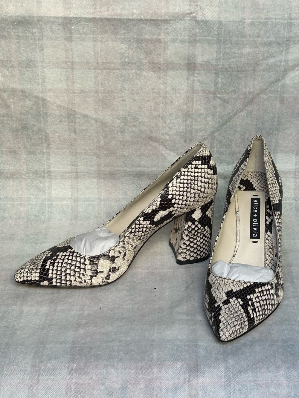 Alice + Olivia Black and White Snake-Print Block Heel Pumps